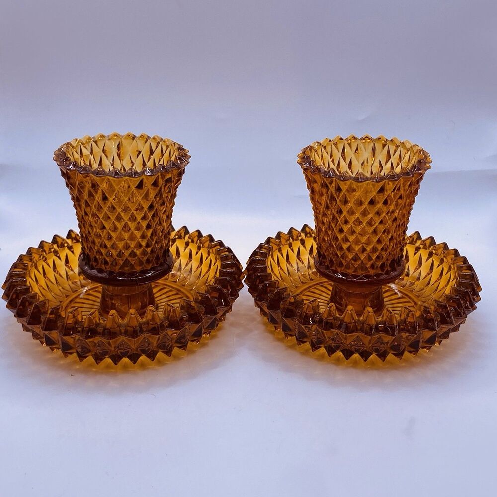 2  Vintage Indiana Glass Amber Diamond Point Votive Peg Candle Holder with Base